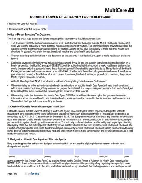 Free Washington Medical Power Of Attorney Form Pdf