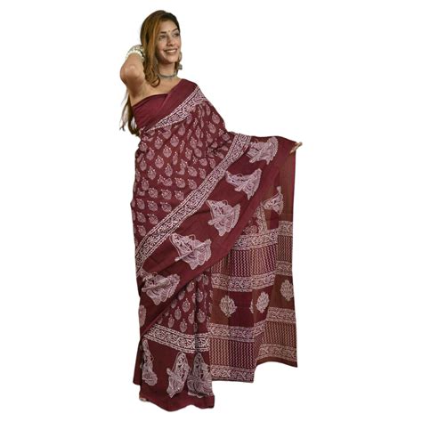 Shop Maroon And White Colour Bagru Print Saree GI Heritage