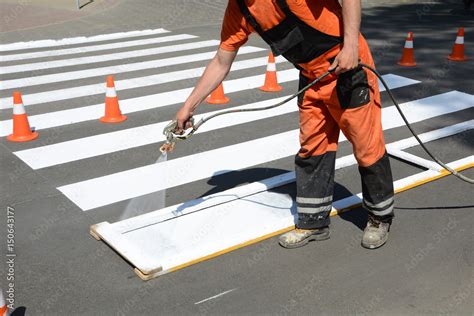 Worker Is Painting A Pedestrian Crosswalk Technical Road Man Worker