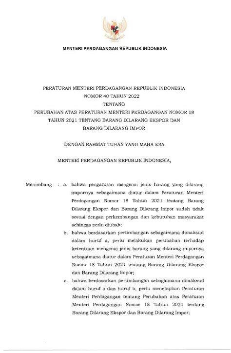 Peraturan Menteri Perdagangan No Tahun Tentang Perubahan Atas