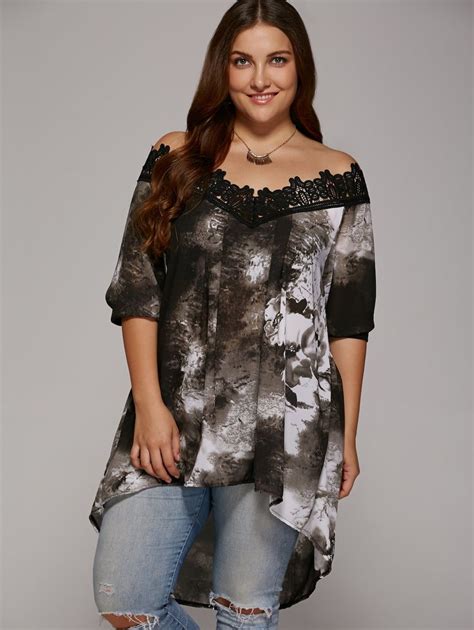 Plus Size Lace Trim High Low Hem Blouse Plus Size Outfits Plus Size