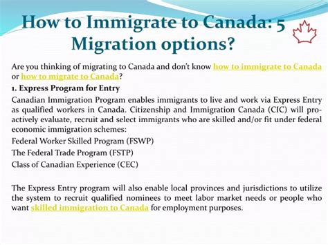 Ppt How To Immigrate To Canada 5 Migration Options Powerpoint