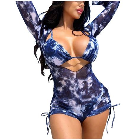 ZHAGHMIN Women S Tie Dye Printed Bikini Set With Long Sleeve Mesh Cover