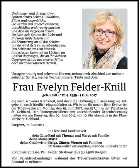 Todesanzeigen Von Evelyn Felder Knill Todesanzeigen Vorarlberger