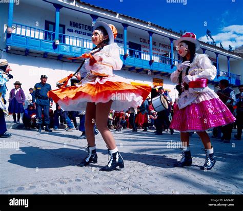 South America Peru Chinceros Girl Dancers In Costumes And Masks