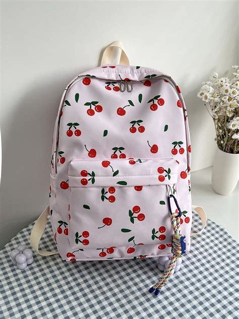 Mochila Funcional Impressão Cereja Com Amuleto De Bolsa Bolsas Sacos Bolsas Escolares