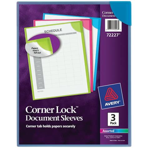 Avery Corner Lock Document Sleeves 3 Sleeves 72227