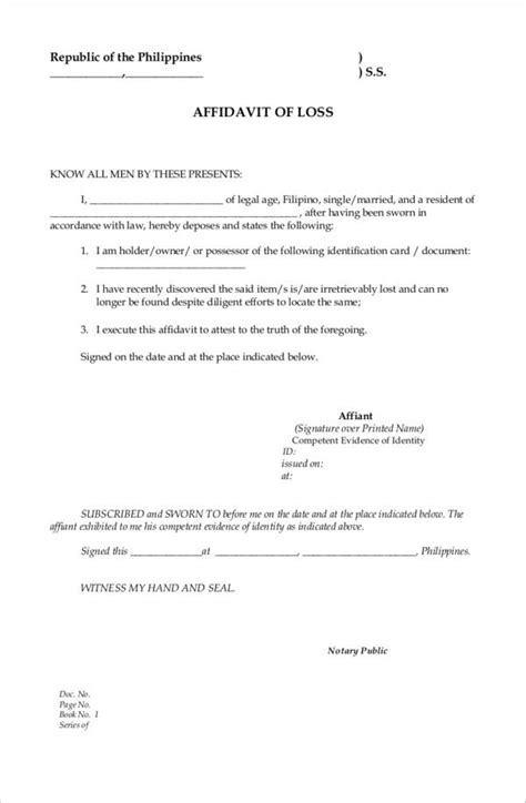 Free Affidavit Of Loss Samples Templates In Pdf