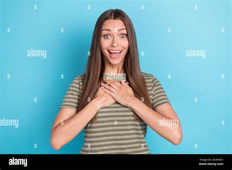 Portrait Photo Of Young Adorable Cute Nice Girlish Lady Wear Striped