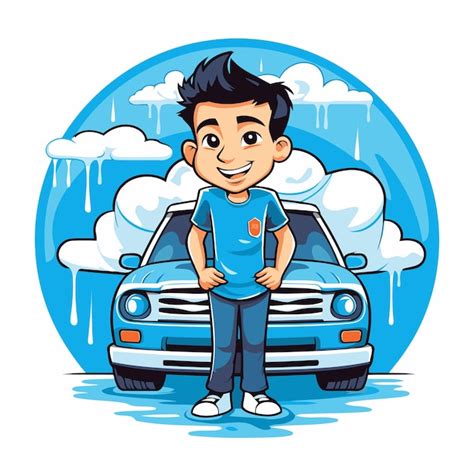 Cartoon Boy Standing Next To His Car Vector Illustration On White