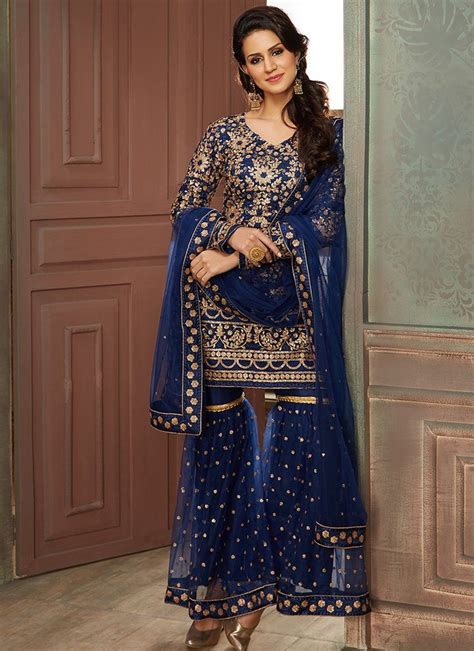 Blue And Gold Heavy Embroidered Gharara Suit Garara Designs Pakistani