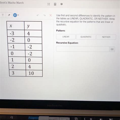 Recursive Quadratic Function Tables Equation