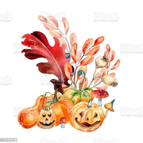 Halloween Composition With Colorful Plants Watercolor Illustration Isolated On White Background