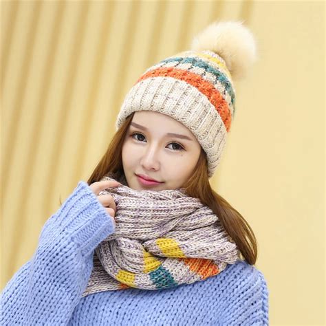 Buy Women Winter Warm Hat And Scarf Sets Striped