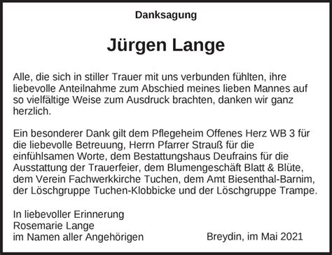 Traueranzeigen Von J Rgen Lange M Rkische Onlinezeitung Trauerportal