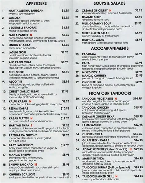 Saffron Indian Cuisine Menu, Menu for Saffron Indian Cuisine, Upper ...