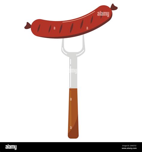 Vector Illustration Of Food Flat Design Hot Sausage On A Fork Icon