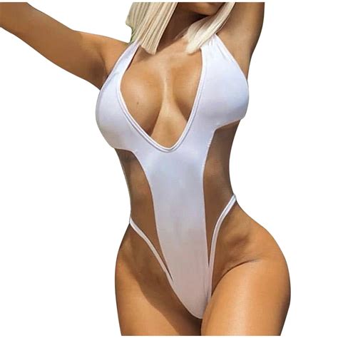 Wreesh Womens Cutout One Piece Swimsuit Bikini Solid Color Mesh Spliced Bikini Split Swimsuit