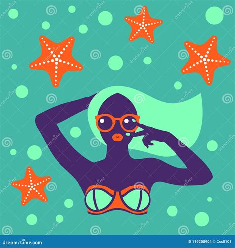Hot Tan Girl in Bikini in Flat Pop Art Style Stock Vector