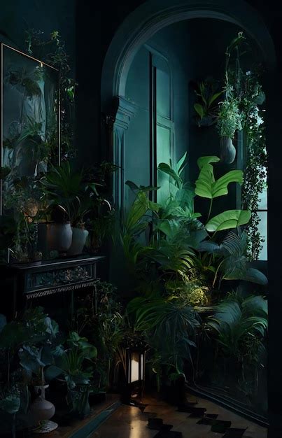 Premium AI Image | A dark room with plants and a dark background.