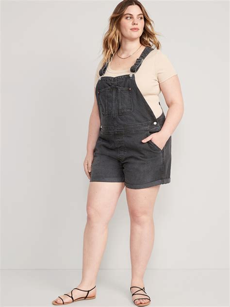 Slouchy Straight Non Stretch Black Jean Short Overalls For Women