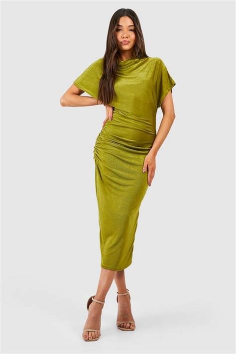 High Neck Ruched Acetate Slinky Midaxi Dress Boohoo Uk