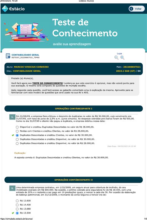 Teste De Conhecimento CONTABILIDADE GERAL Contabilidade Geral