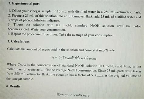 Experiment Determination Of Acetic Acid In Vinegar Chegg