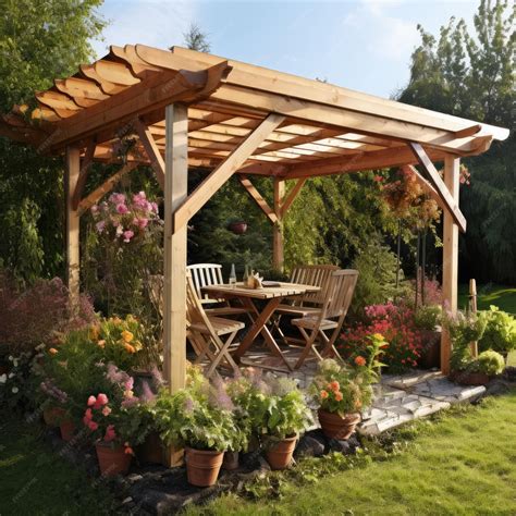 Premium AI Image | Constructing a wooden garden pergola