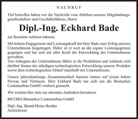 Traueranzeigen Von Dipl Ing Eckhard Bade Abschied Nehmen De