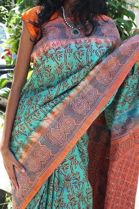 Sea Green Pure Tussar Silk Saree With Shantiniketan Nakshi Kantha Work