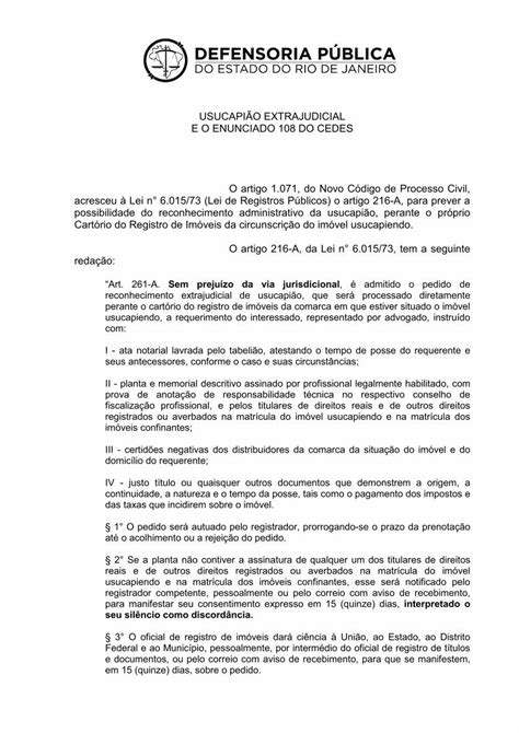 PDF Usucapiャo extrajudicial e enunciado 108 cedes II planta e