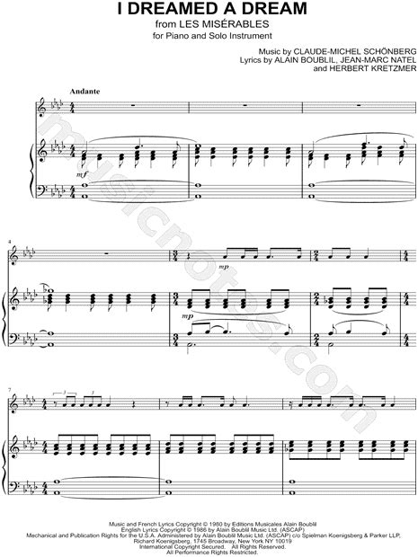 I Dreamed a Dream Piano Accompaniment from Les Misérables Sheet