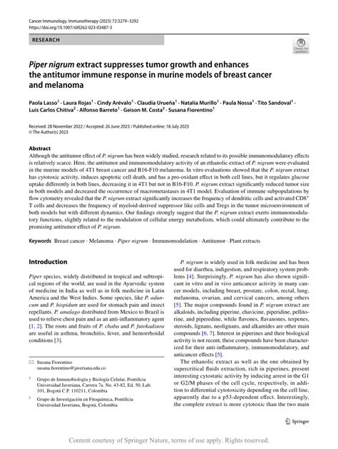 Pdf Piper Nigrum Extract Suppresses Tumor Growth And Enhances The