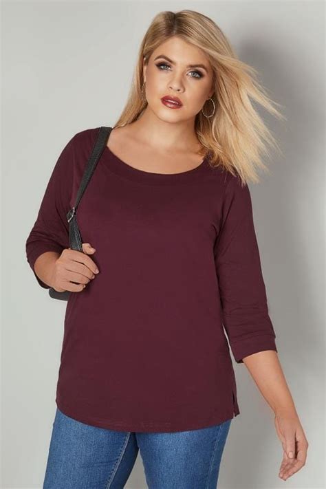 Burgundy Band Scoop Neckline T Shirt With 3 4 Sleevess Plus Size 16 To 36