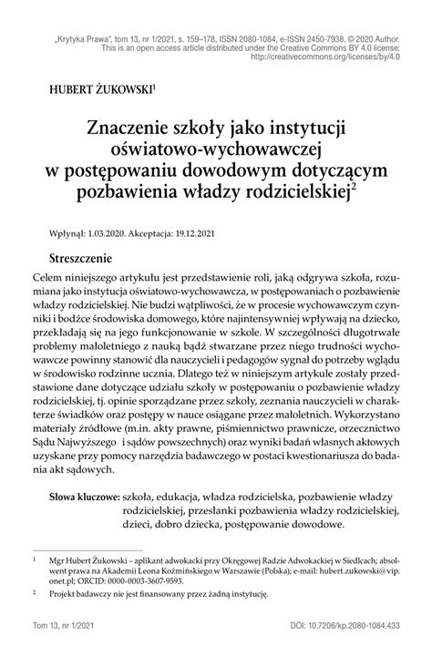 Pdf Znaczenie Szko Y Jako Instytucji O Wiatowo Wychowawczej W