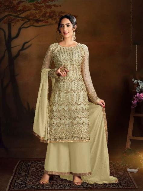 Soft Premium Net Party Wear Readymade Salwar Suit In Golden Color With