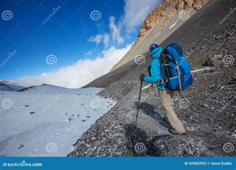 Wanderer Auf Der Wanderung Im Himalaja Stockfoto Bild Von Rucksack