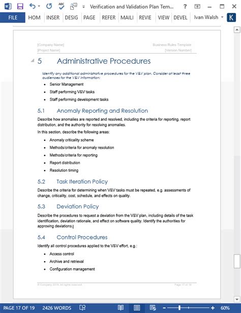 Verification And Validation Plan Template Ms Word Templates Forms