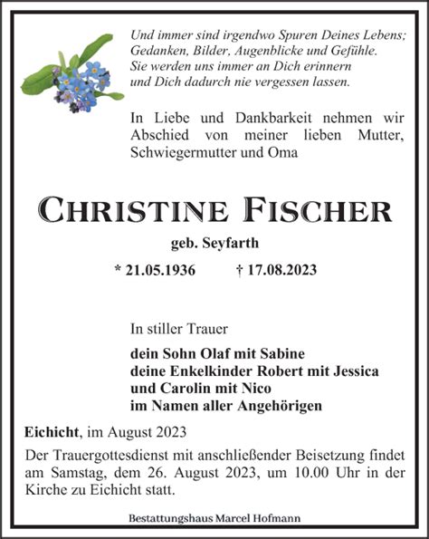 Traueranzeigen Von Christine Fischer Trauer In Thueringen De