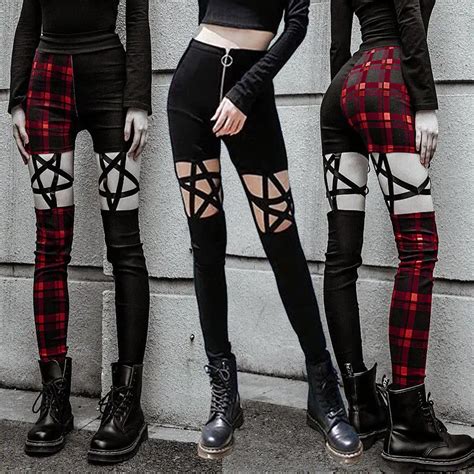 Womens Gothic Skinny Punk Hip Hop Hollow Hole High Waist Stars Stretch