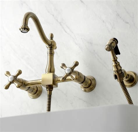 Wall Mount Kitchen Faucet In Bright Brass Finish Classic Vintage Style