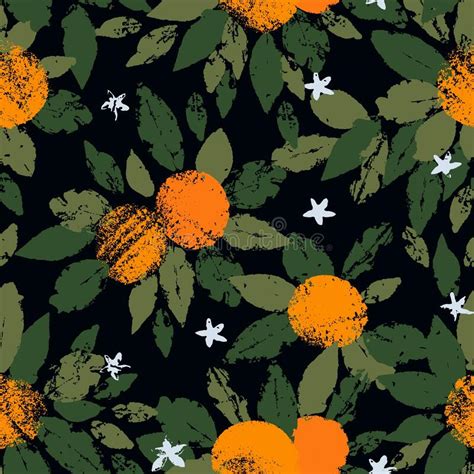 Hand Drawn Seamless Pattern Of Orange Fruit With Leaves In The Stamp