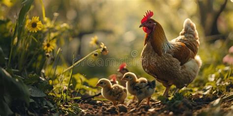 Poultry In A Rural Yard Hen And Chickens In A Grass In A Farm Against