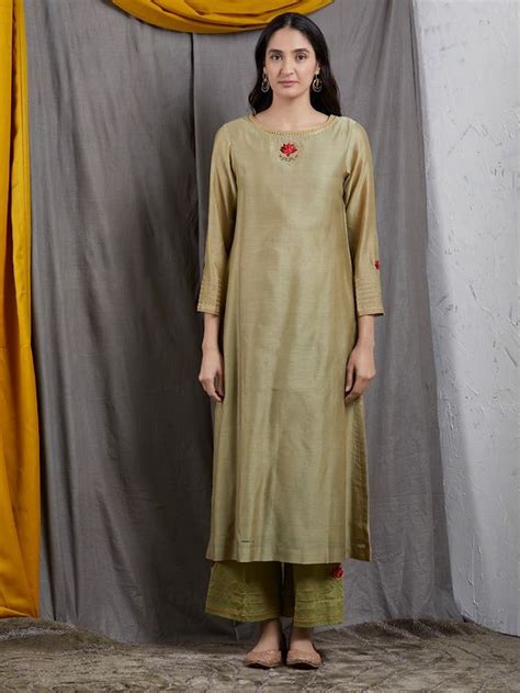 Buy Brown Embroidered Chanderi Silk Kurta Online At Theloom