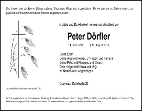 Traueranzeigen von Peter Dörfler Nordbayerischer Kurier