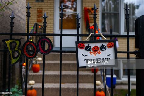 Halloween decorations outside a house in Chicago, United States, on ...