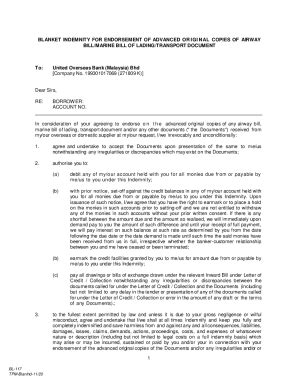 Fillable Online Letter Of Indemnity For Endorsement Bill Of Lading Air