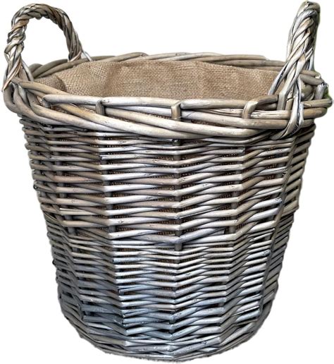 Wicker Lined Log Basket Classic Round Fireplace Storage Grey Woven Wood