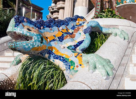 The mosaic dragon fountain by Antoni Gaudi, Parc Guell, Barcelona ...